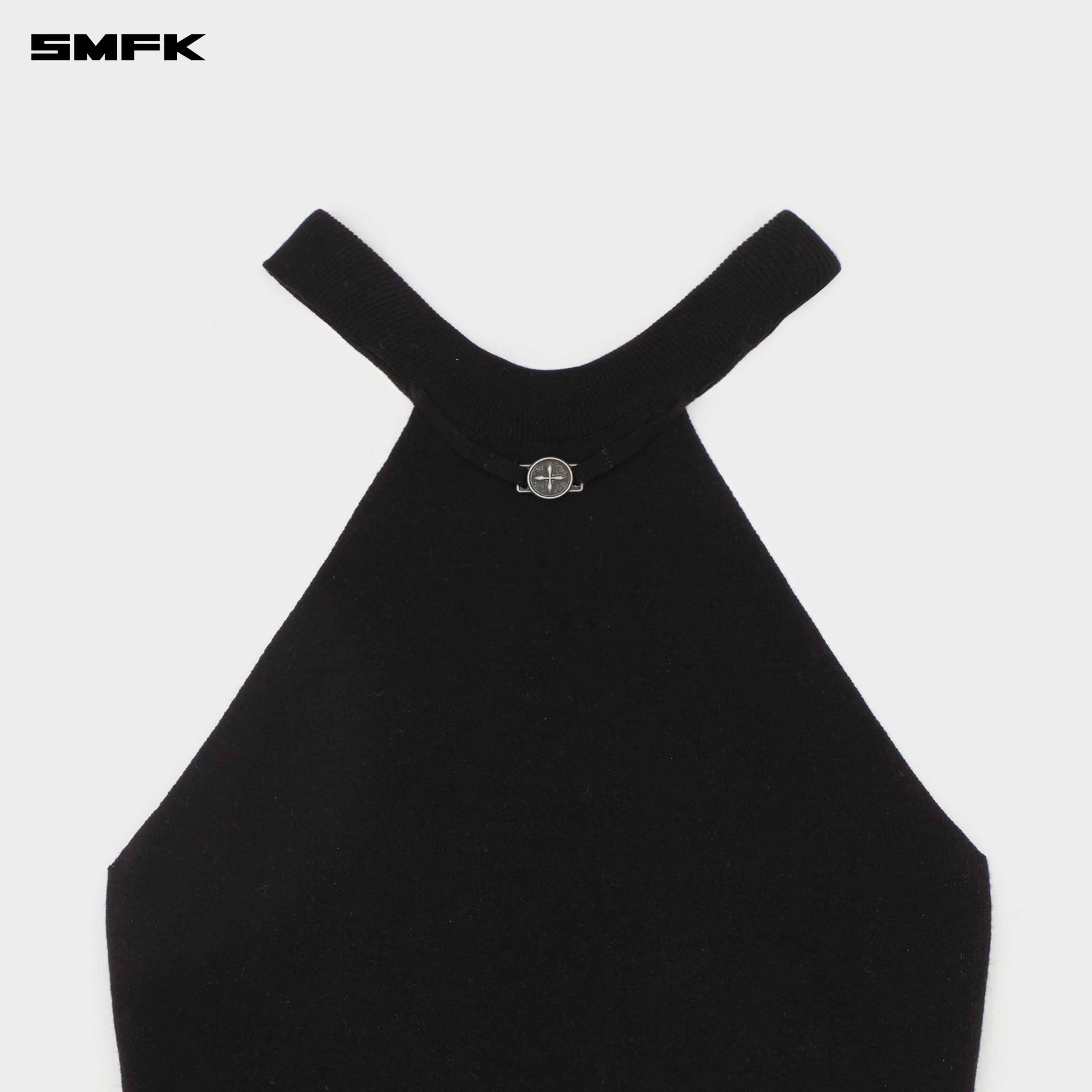 Compass Badge Necklace Off-shoulder Knit Tank Top Wild Black - Image 7