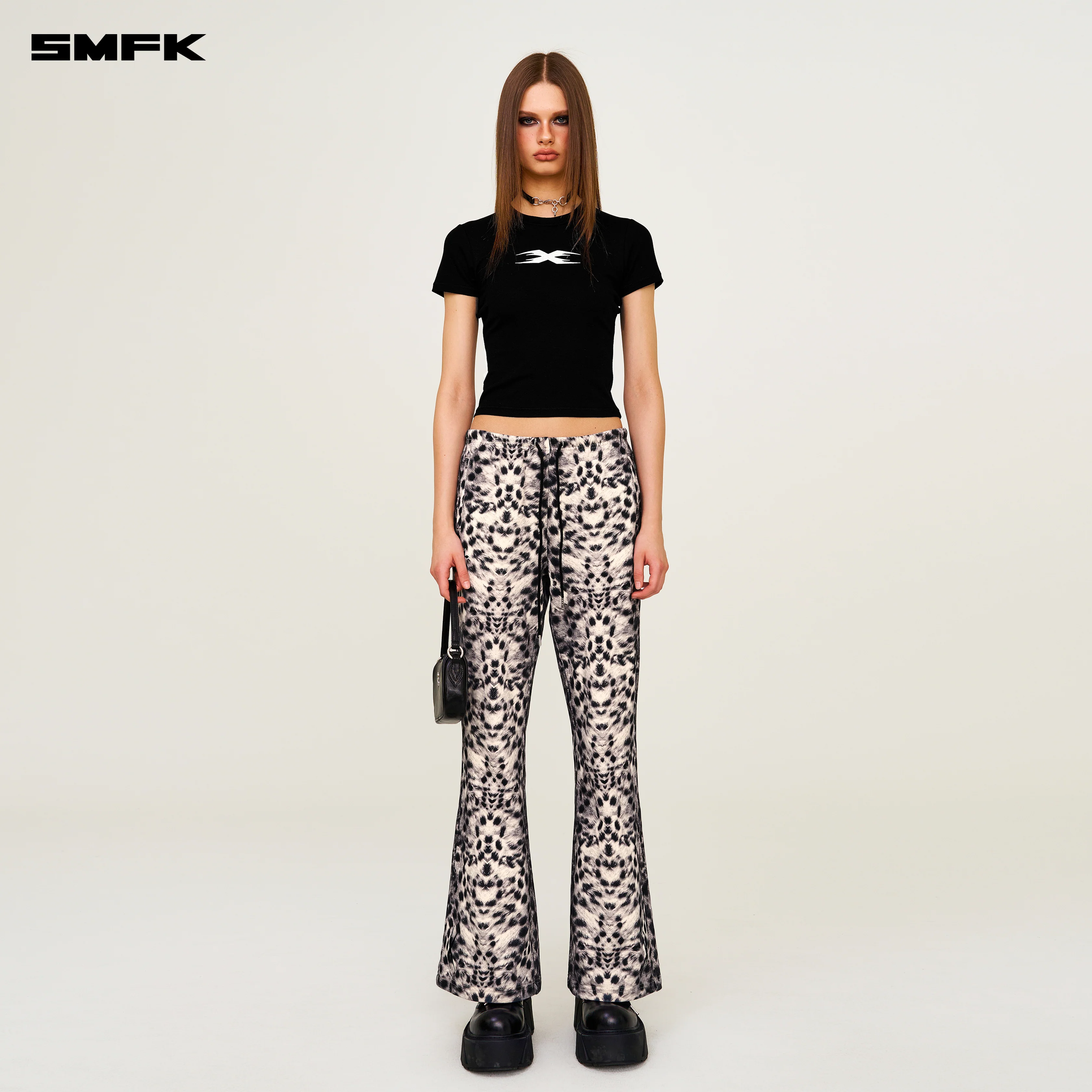 COMPASS Cross Classic Wide-Leg Flared Sweatpants In White Leopard