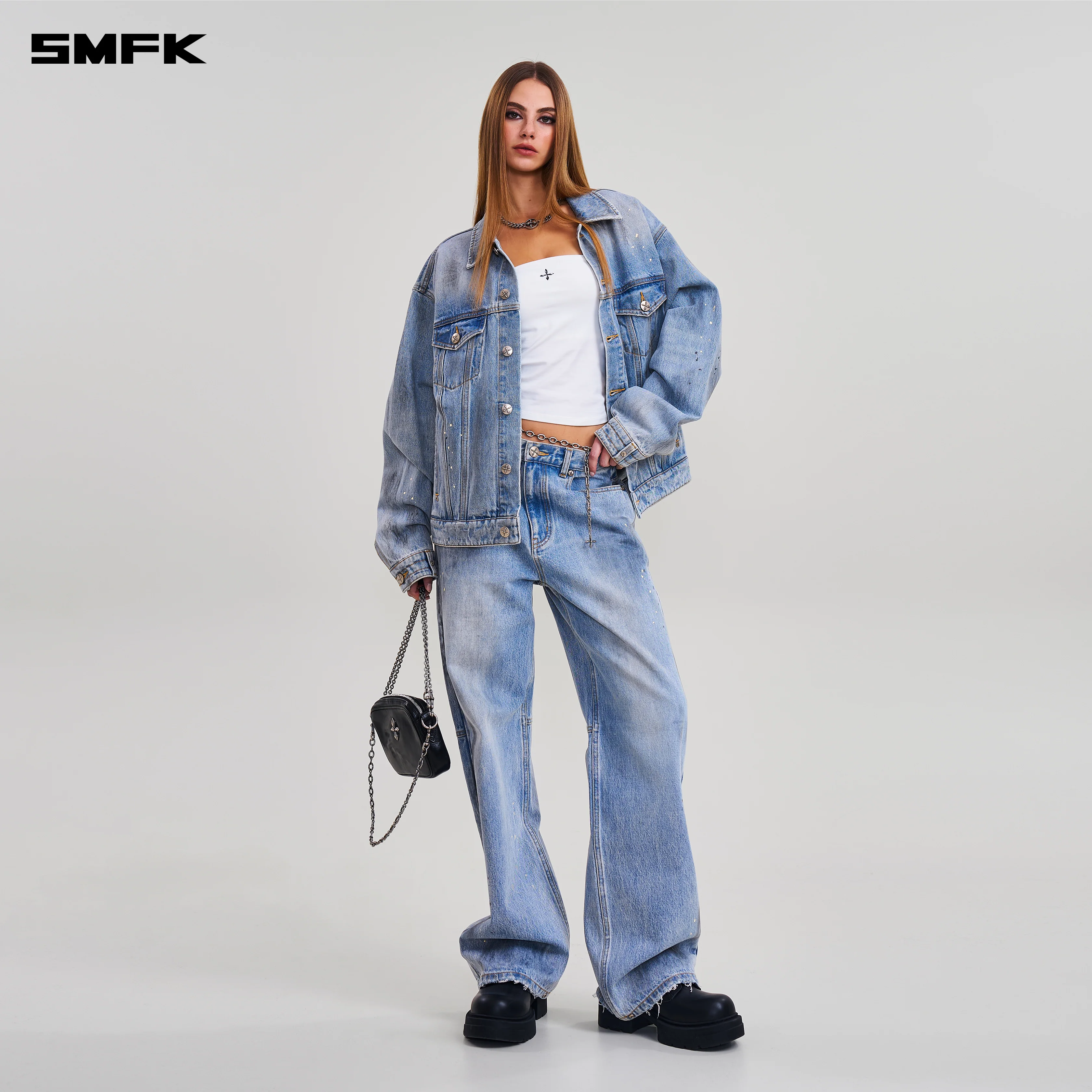 COMPASS MODE LOOSE STRAIGHT DENIM PANTS SKY BLUE - Image 4