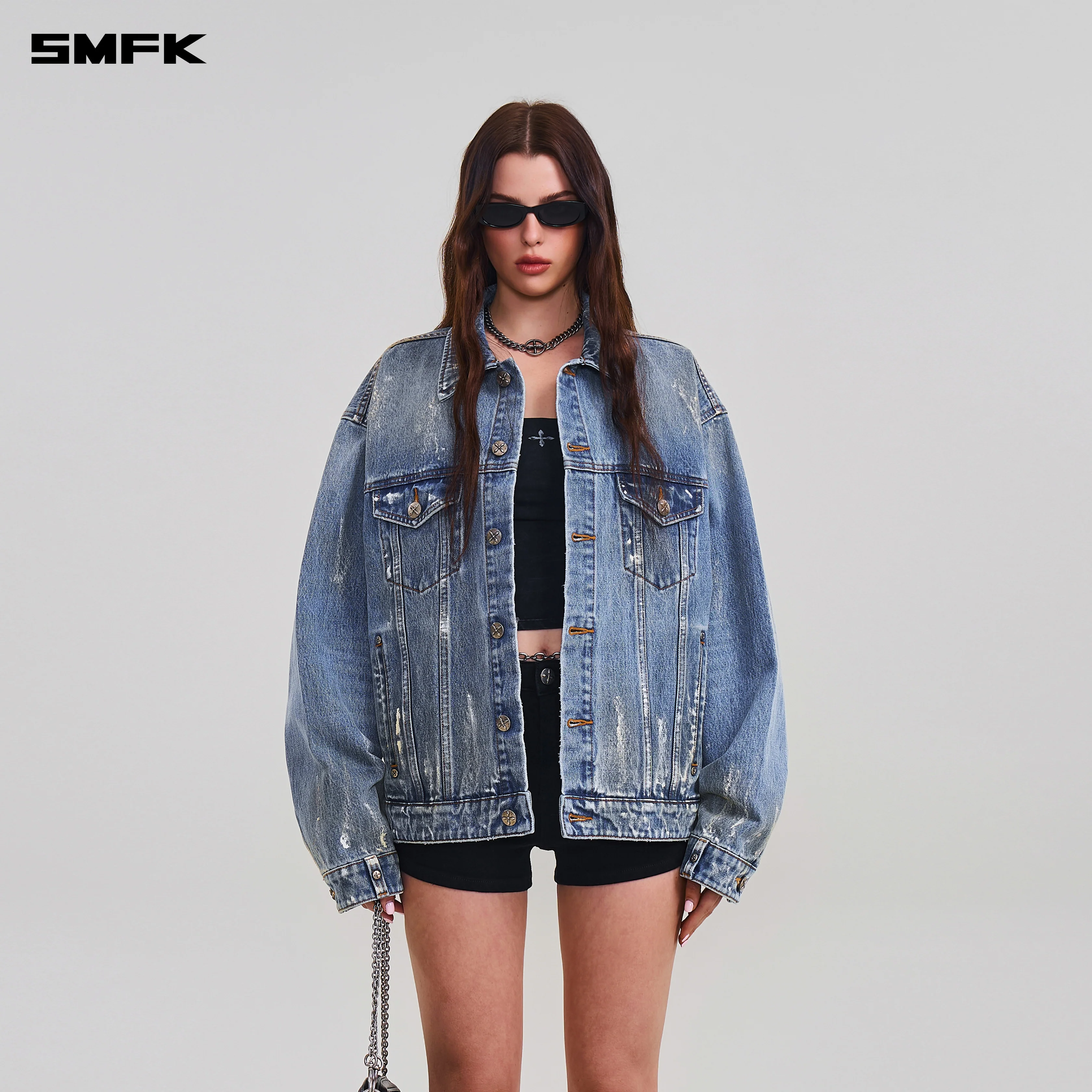COMPASS MODE TIDE LOOSE DENIM JACKET MARINE BLUE