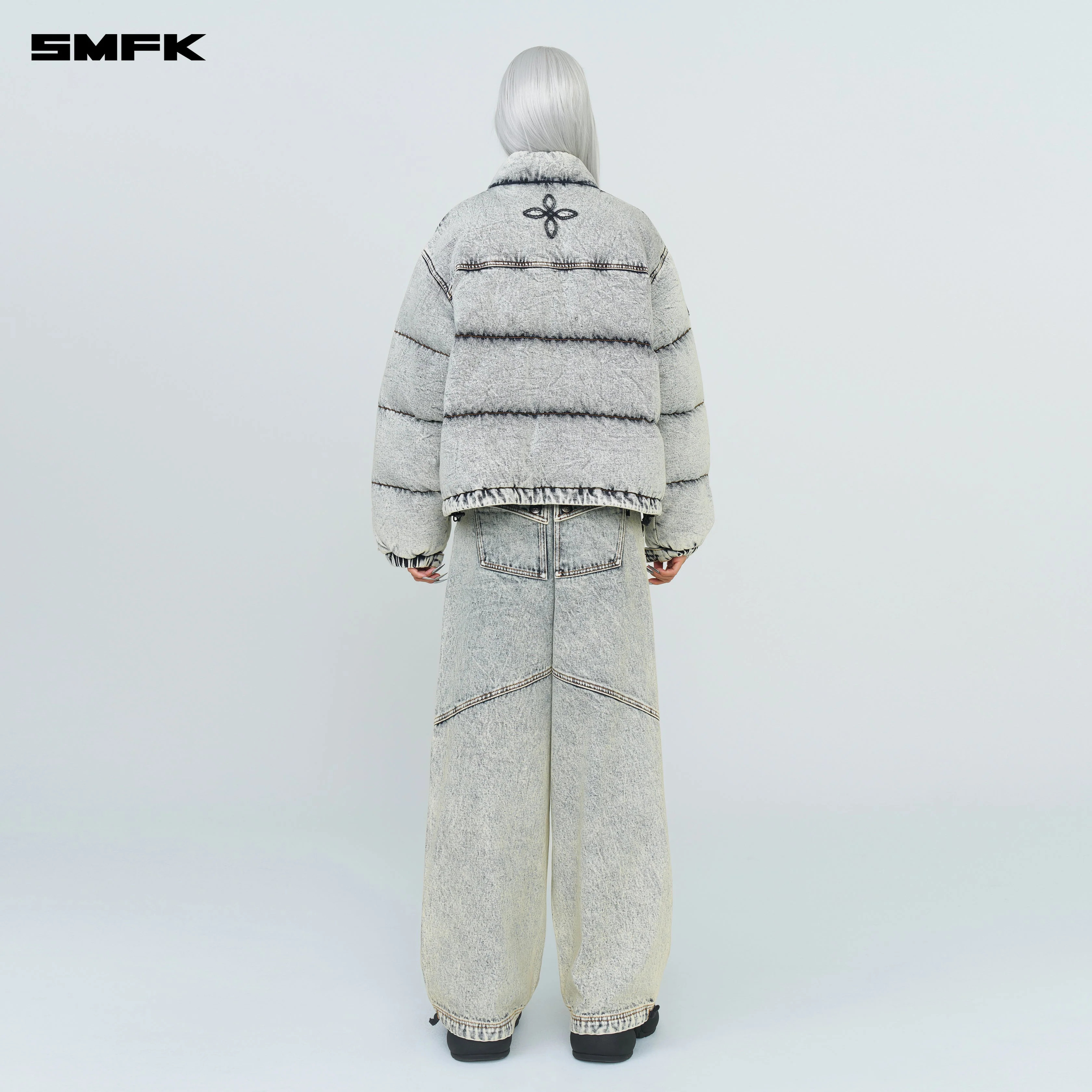 Compass Mustang Classic Denim Puffer Jacket In White - Image 3