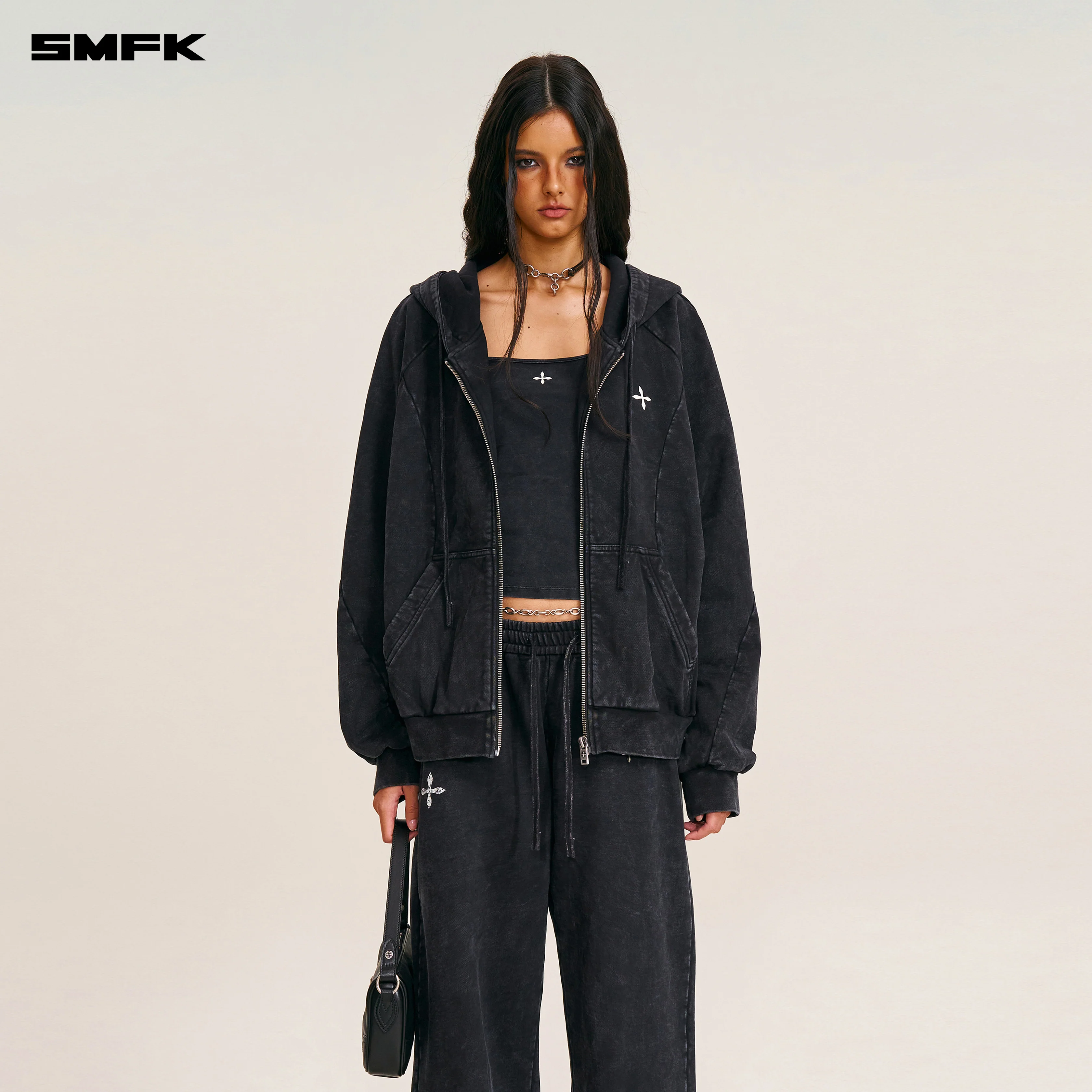 VINTAGE-SAVAGE LOOSE SPORTS ZIP HOODIE/FADE DYE WILD BLACK